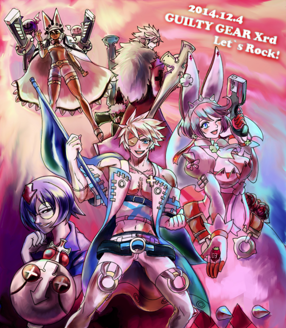 2boys 3girls bandeau bedman big_hair cleavage clover cross cross_necklace dated dress dual_swords elphelt_valentine english error eyepatch flag glasses gloves guilty_gear guilty_gear_xrd gun hair_over_one_eye hat leo_whitefang long_hair looking_at_viewer looking_back lucifero multiple_boys multiple_girls muscle one_eye_closed open_mouth ramlethal_valentine round_glasses sack short_shorts shorts sin_kiske sleeping tagme text thigh_strap weapon wedding_dress wink