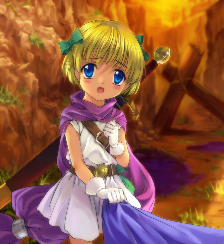 1girl bianca's_daughter blonde_hair blue_eyes dragon_quest dragon_quest_v mutsuki_(moonknives) ribbon solo sword weapon