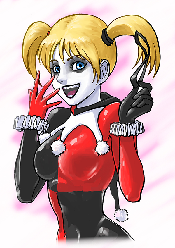 1girl azuma_(ichimako) batman_(series) bleached_hair blonde_hair blue_eyes bodysuit breasts dc_comics female gloves harley_quinn headwear_removed lipstick looking_at_viewer makeup mask open_mouth ruff smile solo twintails