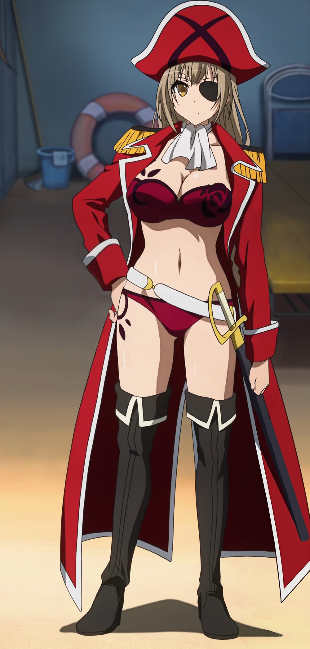 1girl amagi_brilliant_park belt bikini boots breasts brown_eyes brown_hair cleavage eyepatch female full_body hat highres jacket kyoto_animation large_breasts legs long_hair long_sleeves looking_at_viewer navel open_clothes open_jacket pirate pirate_hat red_bikini red_jacket screencap sento_isuzu shiny shiny_skin solo standing stitched swimsuit sword thigh-highs thigh_boots thighs weapon