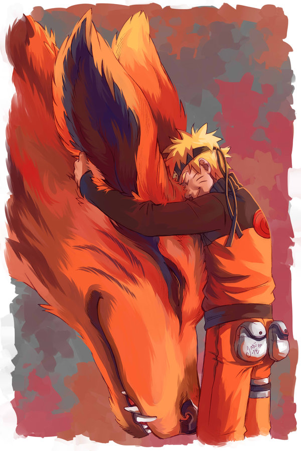 closed_eyes fox headband hug kurama_(naruto) naruto size_difference uzumaki_naruto whiskers yasuli