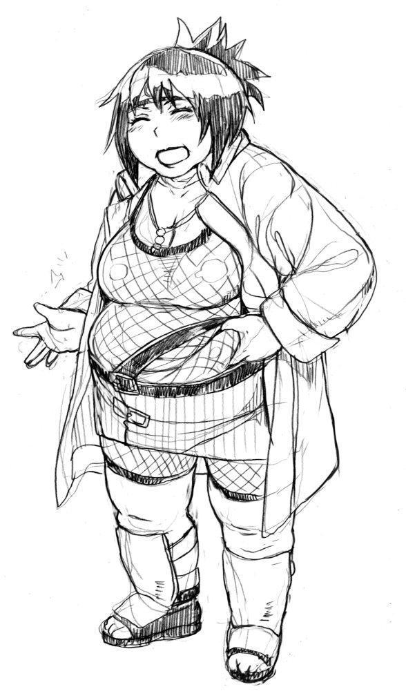 1girl belly belly_grab blush breasts cleavage closed_eyes fat fishnets forehead_protector full_body headband jewelry lips mitarashi_anko monochrome naruto necklace nekomata_naomi open_mouth short_hair sketch skirt solo standing thick_thighs thighs