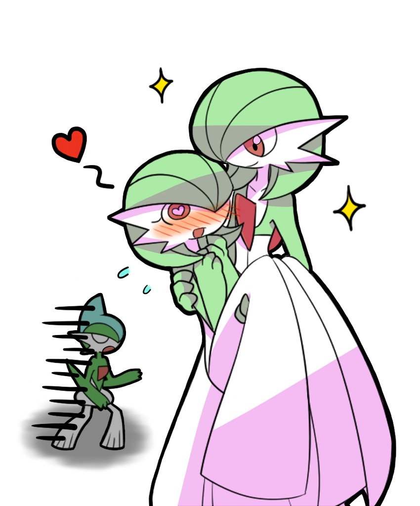 blush carrying gallade gardevoir green_hair heart heart-shaped_pupils no_humans open_mouth pokemon princess_carry red_eyes short_hair smile symbol-shaped_pupils