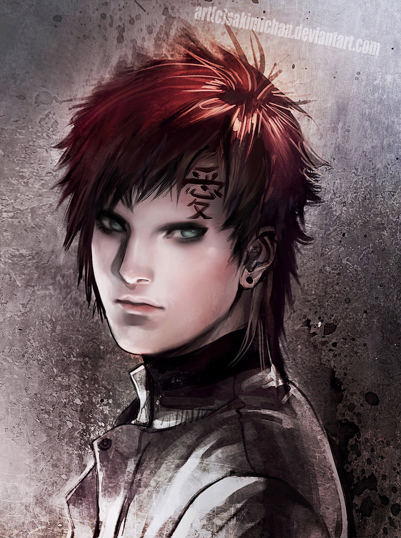 1boy earrings facial_mark gaara green_eyes jacket jewelry male_focus naruto no_pupils redhead solo