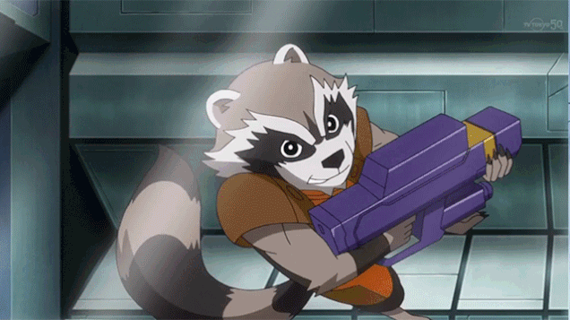 1girl animated animated_gif disk_wars_avengers gun jessica_shannon marvel rocket_raccoon weapon