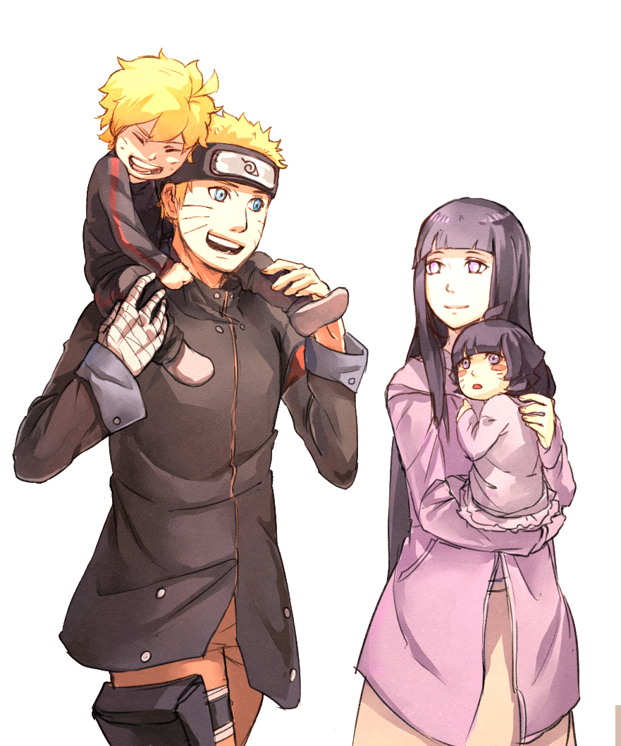 azugo_(yifanwu) blonde_hair carrying family father_and_son hyuuga_hinata mother_and_daughter naruto naruto:_the_last shoulder_carry smile uzumaki_boruto uzumaki_himawari uzumaki_naruto