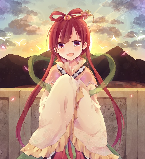 1girl _bosui_ bird blush female hair_ornament hair_rings hair_stick light_rays long_hair long_sleeves looking_at_viewer magi_the_labyrinth_of_magic open_mouth pink_eyes redhead ren_kougyoku sleeves_past_wrists smile solo straight_hair sunbeam sunlight twintails