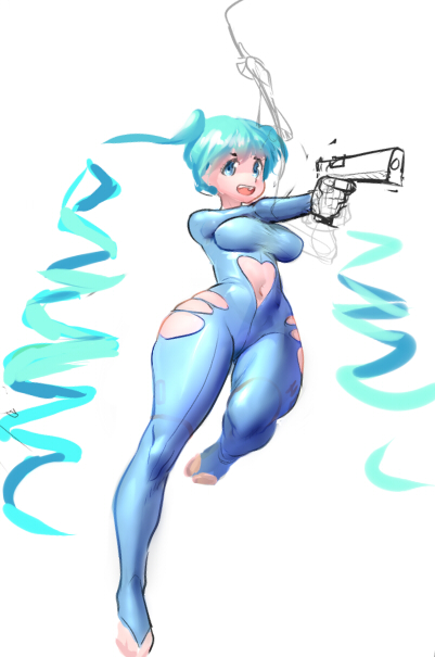 blue blue_hair cutout drill_hair gun kyle_(kairunoburogu) navel sketch thick_thighs thighs weapon wide_hips