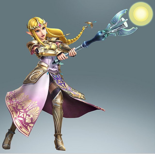 1girl armor blonde_hair braid dominion_rod dress full_body gradient gradient_background greaves long_hair official_art pauldrons pointy_ears princess princess_zelda solo staff the_legend_of_zelda the_legend_of_zelda:_twilight_princess vambraces zelda_musou