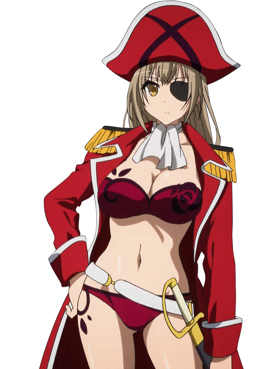 1girl amagi_brilliant_park bikini breasts brown_eyes brown_hair cleavage eyepatch hat highres jacket large_breasts long_hair long_sleeves looking_at_viewer navel open_clothes open_jacket pirate pirate_hat red_bikini red_jacket sento_isuzu simple_background solo standing swimsuit sword thighs weapon white_background yellow_eyes