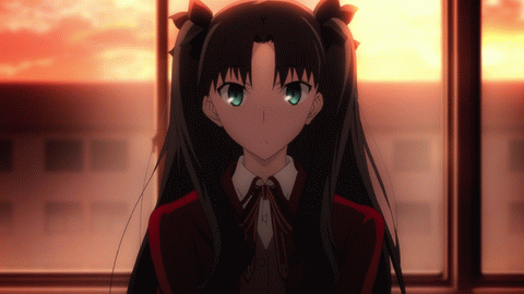1girl animated animated_gif blue_eyes blush brown_hair fate/stay_night fate_(series) green_eyes lowres school_uniform tied_hair tohsaka_rin tsundere twintails