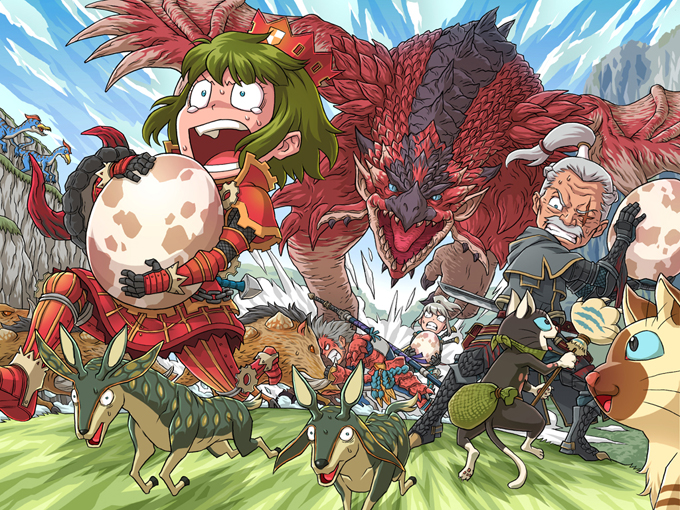 2boys 2girls angry blue_eyes blue_sky blush bullfango capcom clenched_teeth clouds egg felyne green_hair hoby kelbi melynx monster monster_hunter multiple_boys multiple_girls open_mouth outdoors rathalos running scared sky sweat sword tagme tears teeth teostra_(armor) velociprey weapon white_hair wings yian_kut-ku_(armor)