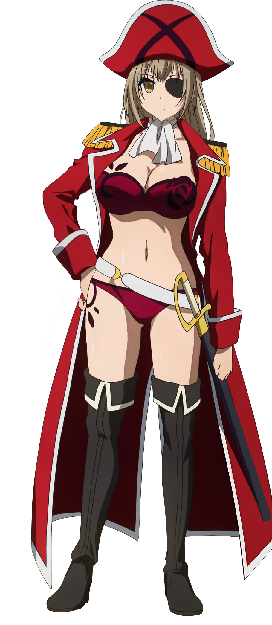 1girl amagi_brilliant_park belt bikini boots breasts brown_eyes brown_hair cleavage eyepatch full_body hat highres jacket large_breasts legs long_hair long_sleeves looking_at_viewer navel open_clothes open_jacket pirate pirate_hat red_bikini red_jacket screencap sento_isuzu shiny shiny_skin simple_background solo standing swimsuit sword thigh-highs thigh_boots thighs weapon white_background