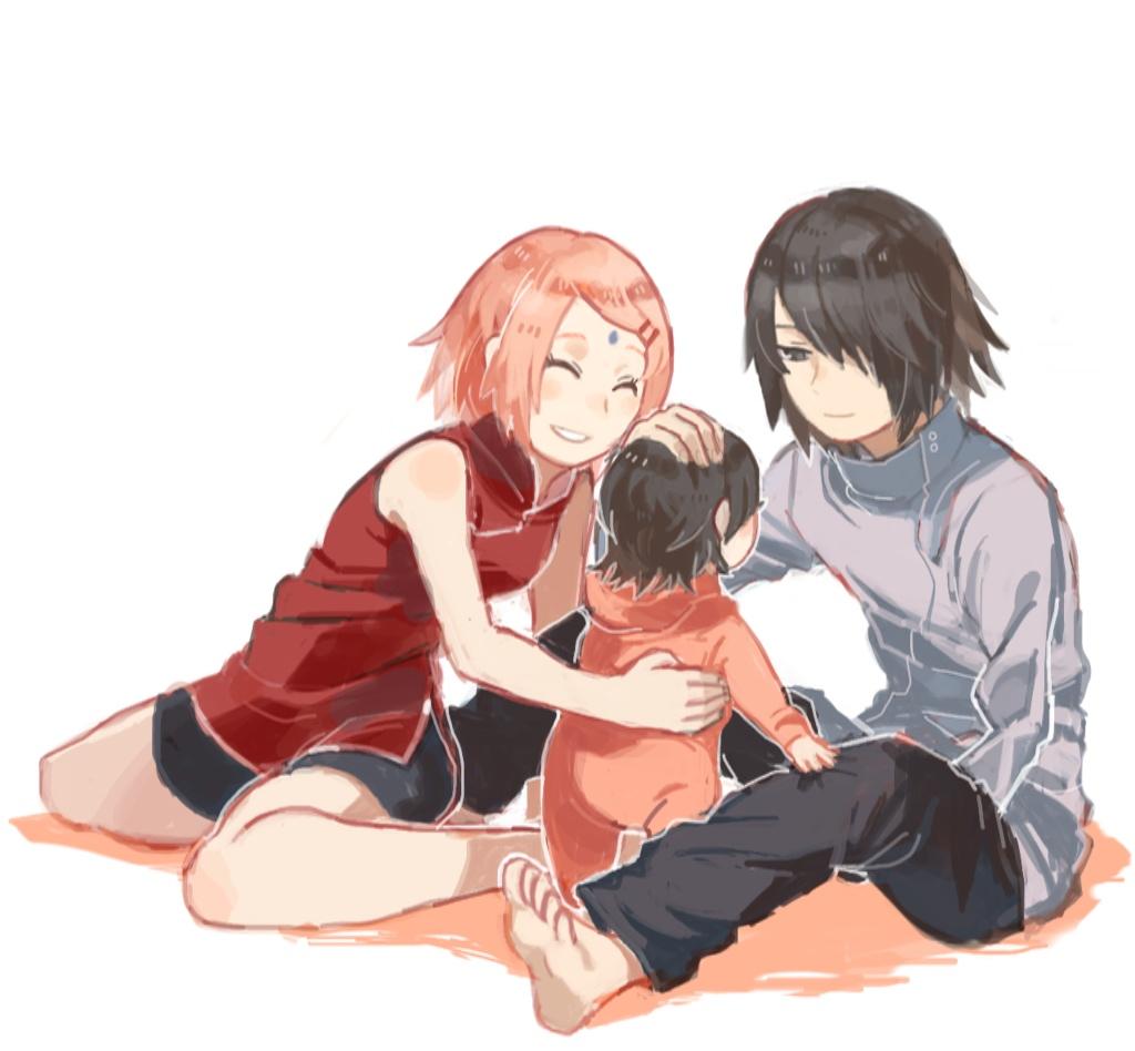 1boy 2girls aisutabeta amputee baby barefoot black_hair closed_eyes facial_mark family forehead_mark hair_over_one_eye happy haruno_sakura multiple_girls naruto naruto:_the_last pink_hair simple_background sitting uchiha_sarada uchiha_sasuke