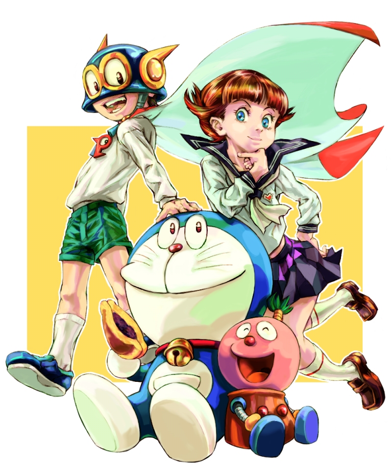 1girl 2boys bell blue_eyes brown_hair cape cat child closed_eyes collar crossover doraemon doraemon_(character) dorayaki esper_mami food hand_on_head hand_on_own_chin heart helmet kiteretsu_daihyakka leaning long_sleeves looking_at_viewer multiple_boys open_mouth perman perman_(series) perman_1 pleated_skirt robot sakura_mami school_uniform shoes short_hair shorts simple_background sitting skirt smile socks standing suwa_mitsuo tonbi0131 wagashi whiskers yellow_background