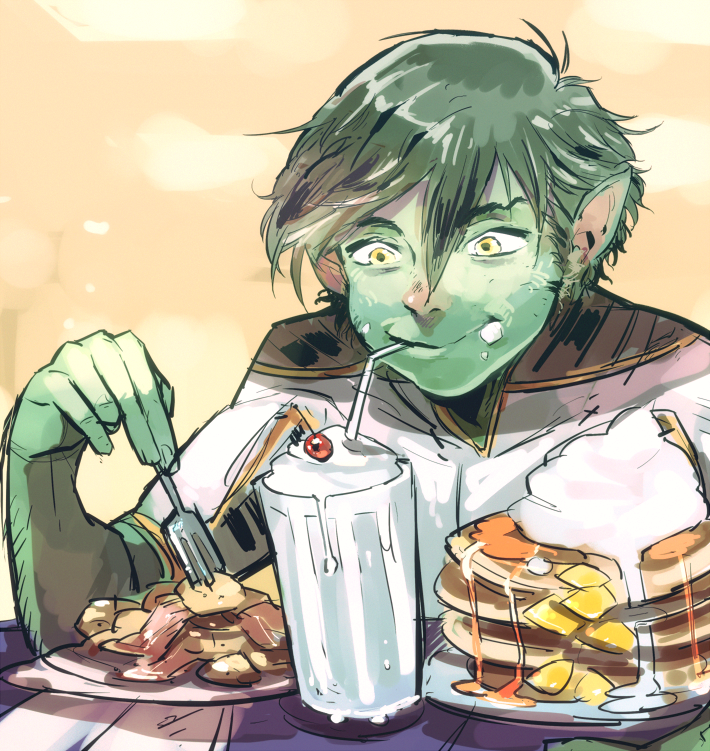 1boy beast_boy_(dc) butter cherry dc_comics eating food fork fruit garfield_logan glass green_hair green_skin milkshake pancake pointy_ears smile solo straw teen_titans whipped_cream yellow_eyes