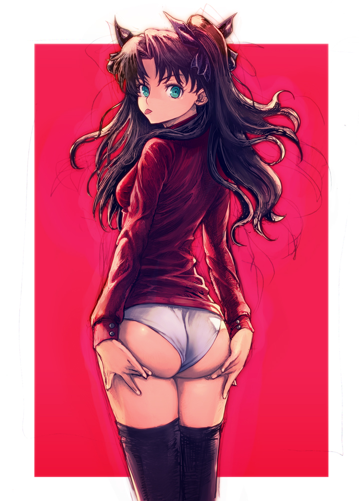 1girl :p ass back black_hair black_legwear blue_eyes bow boyaking fate/stay_night fate_(series) female from_behind hair_ribbon hands_on_ass long_hair long_sleeves looking_at_viewer looking_back no_pants panties ribbon simple_background solo standing sweater thigh-highs tohsaka_rin tongue tongue_out twintails two_side_up underwear white_panties