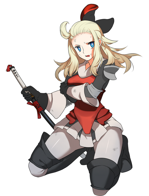 1girl ahoge armor armored_dress blonde_hair blue_eyes boots bow bravely_default:_flying_fairy bravely_default_(series) breast_hold breasts covering covering_breasts dirty edea_lee full_body hair_bow hair_ribbon huge_ahoge kabosu katana knee_boots kneeling long_hair looking_at_viewer open_mouth pantyhose parted_lips ribbon sheath sheathed solo sweat sword weapon