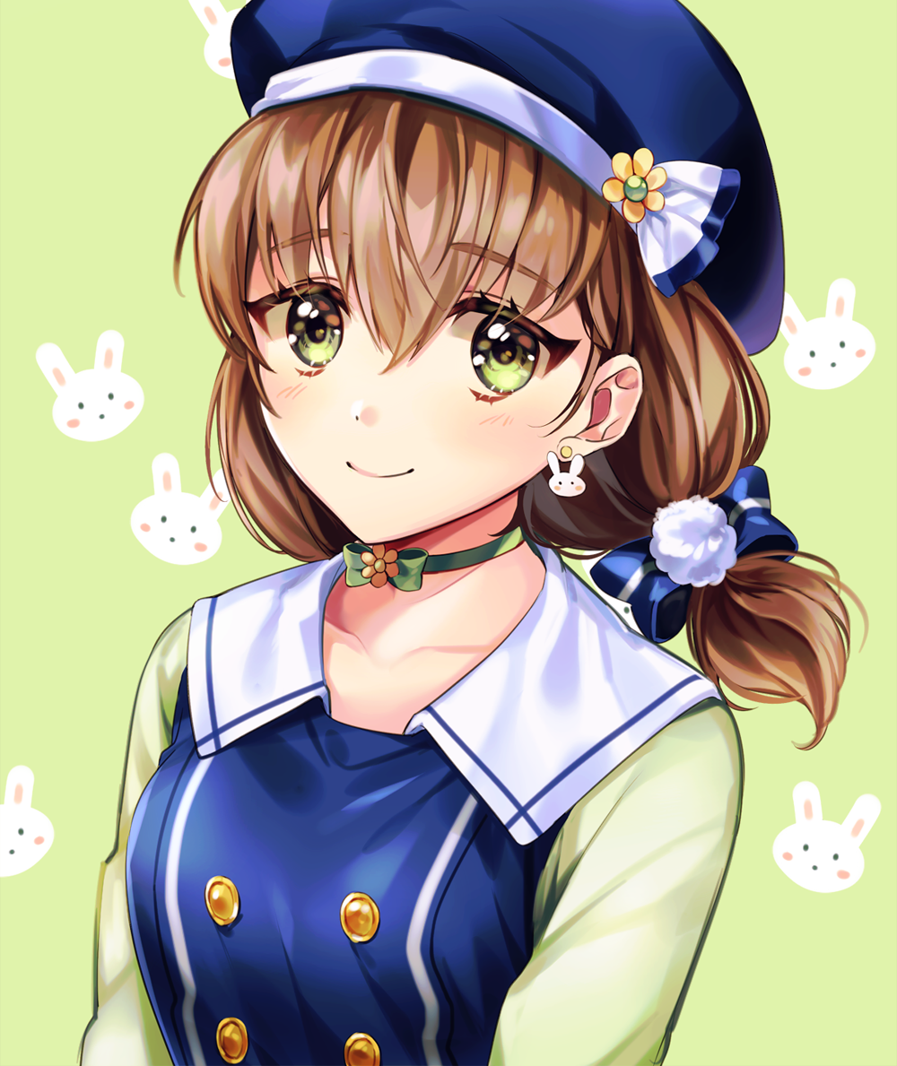 1girl alternate_hairstyle bang_dream! bangs beret blue_bow blue_headwear bow brown_hair bunny_background bunny_earrings choker cosplay double-breasted flower flower_choker gochuumon_wa_usagi_desu_ka? green_background green_choker hair_bow hat hat_flower long_hair looking_at_viewer minori_(faddy) pom_pom_(clothes) raglan_sleeves smile solo striped striped_bow twintails upper_body yamato_maya