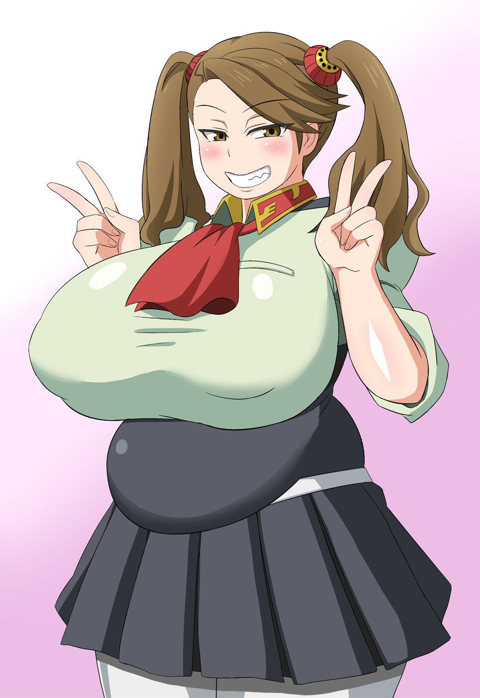 1girl blush breasts brown_eyes brown_hair double_v fat female gigantic_breasts gundam gundam_build_fighters gundam_build_fighters_try hair_ornament highres long_hair long_twintails nega96396 pantyhose sazaki_kaoruko school_uniform shirt skirt smile smirk solo standing twintails uniform v