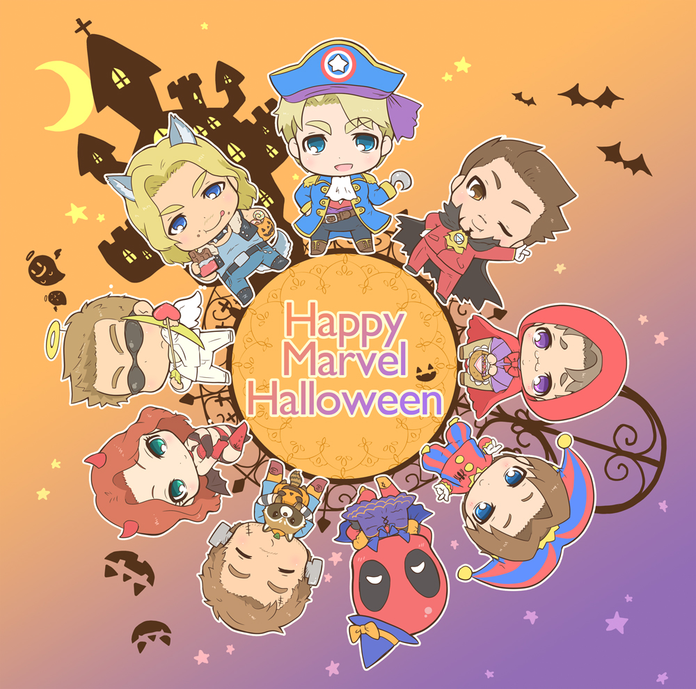 1girl 6+boys angel angel_wings animal_ears arrow avengers bat blonde_hair blue_eyes bow_(weapon) brown_eyes brown_hair bruce_banner cape captain_america chibi clint_barton crescent deadpool devil fang frankenstein's_monster green_eyes guardians_of_the_galaxy halloween halo happy_halloween hat hood hook horns jester little_red_riding_hood mansion marvel mask mcu moon multiple_boys natasha_romanoff peter_parker peter_quill red_cape rocket_raccoon spider-man steve_rogers sunglasses tony_stark violet_eyes weapon wings witch_hat wolf_ears