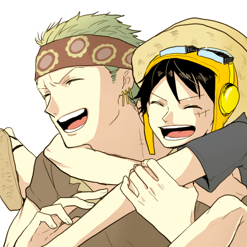 2boys black_hair curry_gohan earrings goggles green_hair hand_on_headwear hat jewelry male_focus monkey_d_luffy multiple_boys one_piece one_piece_film_z open_clothes open_mouth open_shirt roronoa_zoro rubber sandals shirt smile straw_hat v-neck