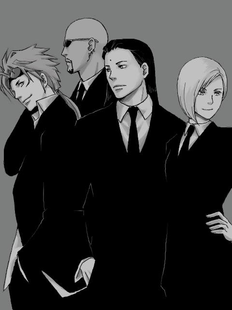 1girl 3boys bald elena_(ff7) facial_mark final_fantasy final_fantasy_vii forehead_mark formal hand_on_hip long_hair monochrome multiple_boys necktie reno rude smile suit sunglasses tseng tumita