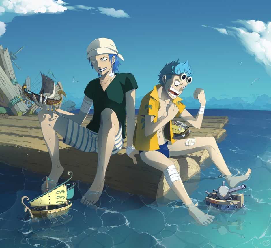 2boys bandanna blue_hair brothers franky iceburg model_ship multiple_boys ocean one_piece purple_hair sad_sd_777 ship siblings sitting water watercraft younger