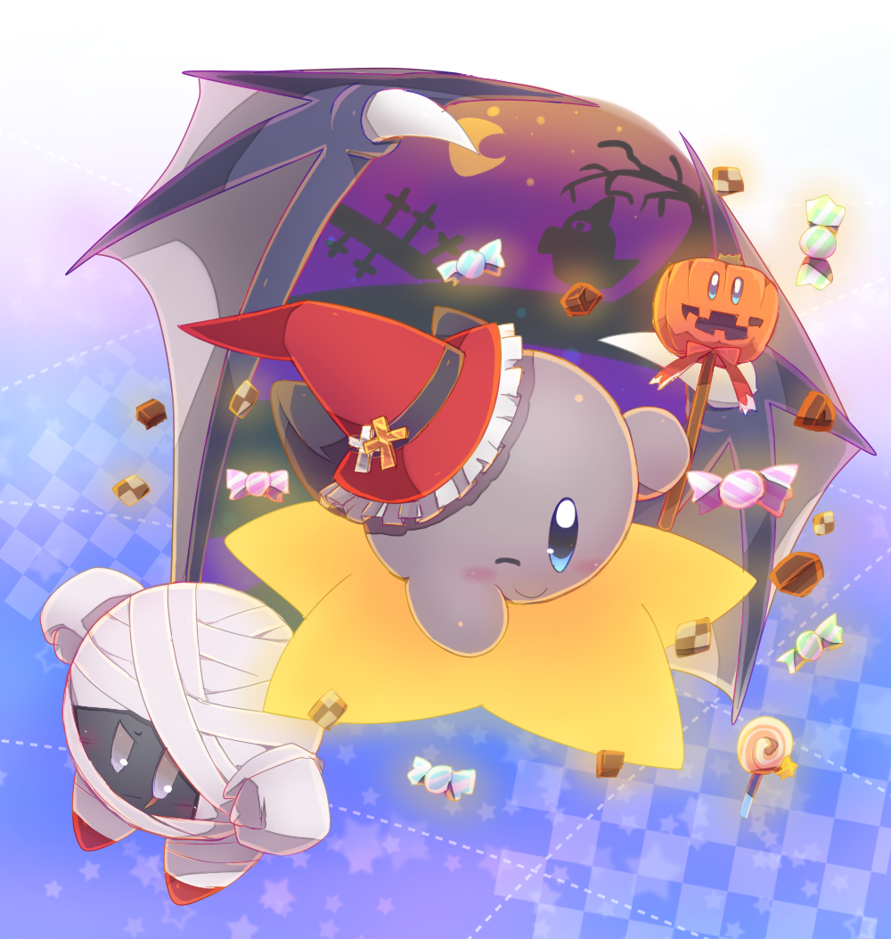 alternate_color bandage candy crescent_moon dark_meta_knight halloween hat jack-o'-lantern kirby_(series) moon mummy nintendo pumpkin ribbon scar shadow_kirby smile star wand wink witch witch_hat