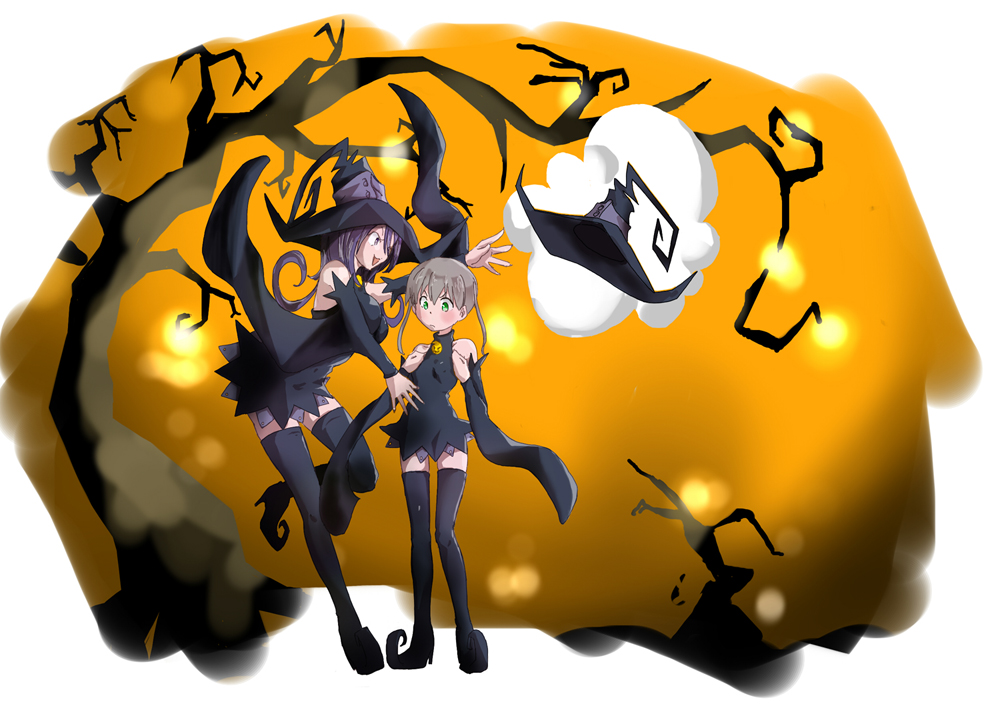 2girls black_legwear blair blair_(cosplay) blonde_hair boots female green_eyes halloween hat high_heel_boots high_heels maka_albarn multiple_girls open_mouth purple_hair short_hair shoulders soul_eater thigh-highs thigh_boots tree twintails witch witch_hat yellow_eyes