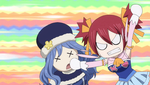 2girls angry animated animated_gif blue_hair chelia_blendy coat fairy_tail fighting gloves hat juvia_loxar long_hair multiple_girls redhead skirt twintails
