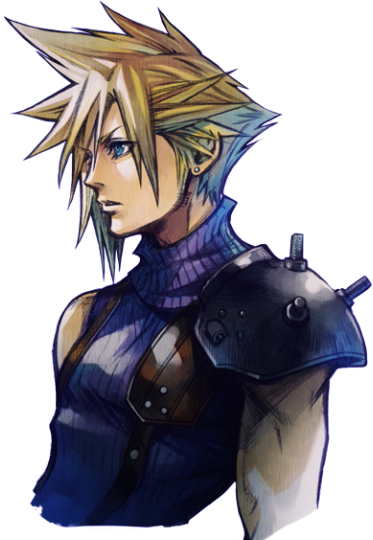 1boy blonde_hair blue_eyes cloud_strife final_fantasy final_fantasy_vii final_fantasy_vii_g-bike looking_to_the_side male_focus nomura_tetsuya official_art shoulder_armor simple_background sleeveless solo spiky_hair square_enix turtleneck upper_body white_background