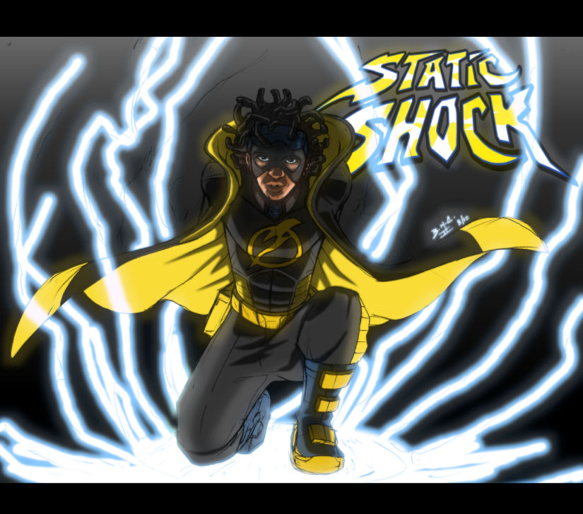 1boy belt black_hair black_pants boots copyright_name dark_skin dc_comics domino_mask electricity goggles goggles_on_head hairlocs jacket letterboxed lightning lightning_bolt lining male_focus mask pants simple_background solo squatting static_(dc) static_shock virgil_ovid_hawkins