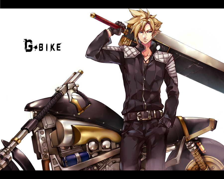 1boy blonde_hair blue_eyes cloud_strife final_fantasy final_fantasy_vii final_fantasy_vii_g-bike gloves ground_vehicle huge_sword huge_weapon male_focus motor_vehicle motorcycle solo standing sword tama_(tmfy5) vehicle weapon