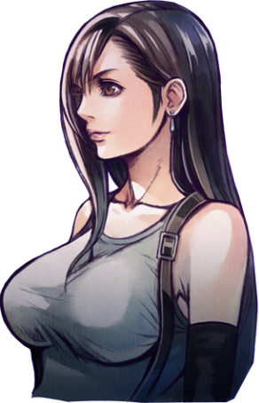 1girl breasts closed_mouth collarbone earrings female final_fantasy final_fantasy_vii final_fantasy_vii_g-bike jewelry large_breasts long_hair looking_away looking_to_the_side lowres nomura_tetsuya official_art simple_background sleeveless sleeveless_shirt solo square_enix suspenders tank_top tifa_lockhart upper_body white_background