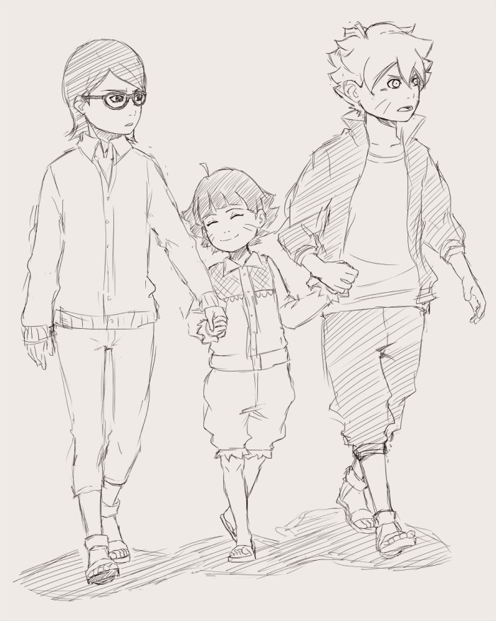 1boy 2girls glasses hand_holding monochrome multiple_girls naruto naruto:_the_last ruu-k siblings sketch smile standing uchiha_sarada uzumaki_boruto uzumaki_himawari walking