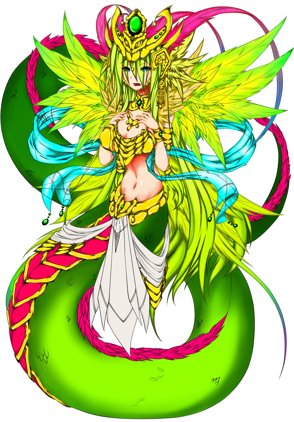 1girl blue_eyes breasts cleavage green_hair jewelry lots_of_jewelry monster_girl navel quetzalcoatl wings
