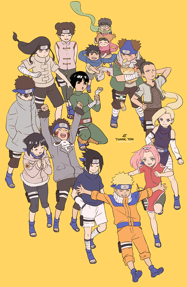 5girls 6+boys aburame_shino akamaru_(naruto) akimichi_chouji bandaged_arm bangs chips closed_eyes double_bun everyone fishnets forehead_protector full_body goggles hyuuga_hinata hyuuga_neji inuzuka_kiba lee1210 moegi multiple_boys multiple_girls nara_shikamaru naruto rock_lee sarutobi_konohamaru standing sunglasses tenten uchiha_sasuke udon_(naruto) uzumaki_naruto yamanaka_ino yellow_background