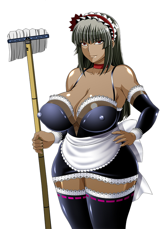 1girl apron black_hair black_legwear breasts choker cleavage dark_skin detached_sleeves dress erect_nipples female grey_hair hair_ornament hand_on_hips huge_breasts lace lace-trimmed_thighhighs long_hair maid maid_apron maid_headdress masa_ani miniskirt plump red_eyes shiny shiny_skin simple_background skirt solo standing tan thigh-highs waist_apron white_background wide_hips