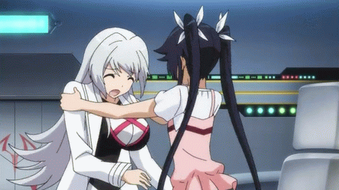 2girls animated animated_gif black_hair blue_eyes bounce bouncing_breasts bow breasts hair_bow labcoat long_hair lowres multiple_girls ore_twintail_ni_narimasu school_uniform tsube_aika twintails twoearle white_hair