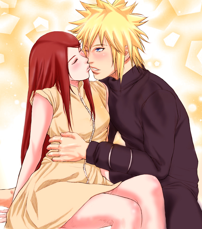 1boy 1girl blonde_hair blue_eyes incipient_kiss long_hair namikaze_minato naruto naruto_shippuuden redhead uzumaki_kushina