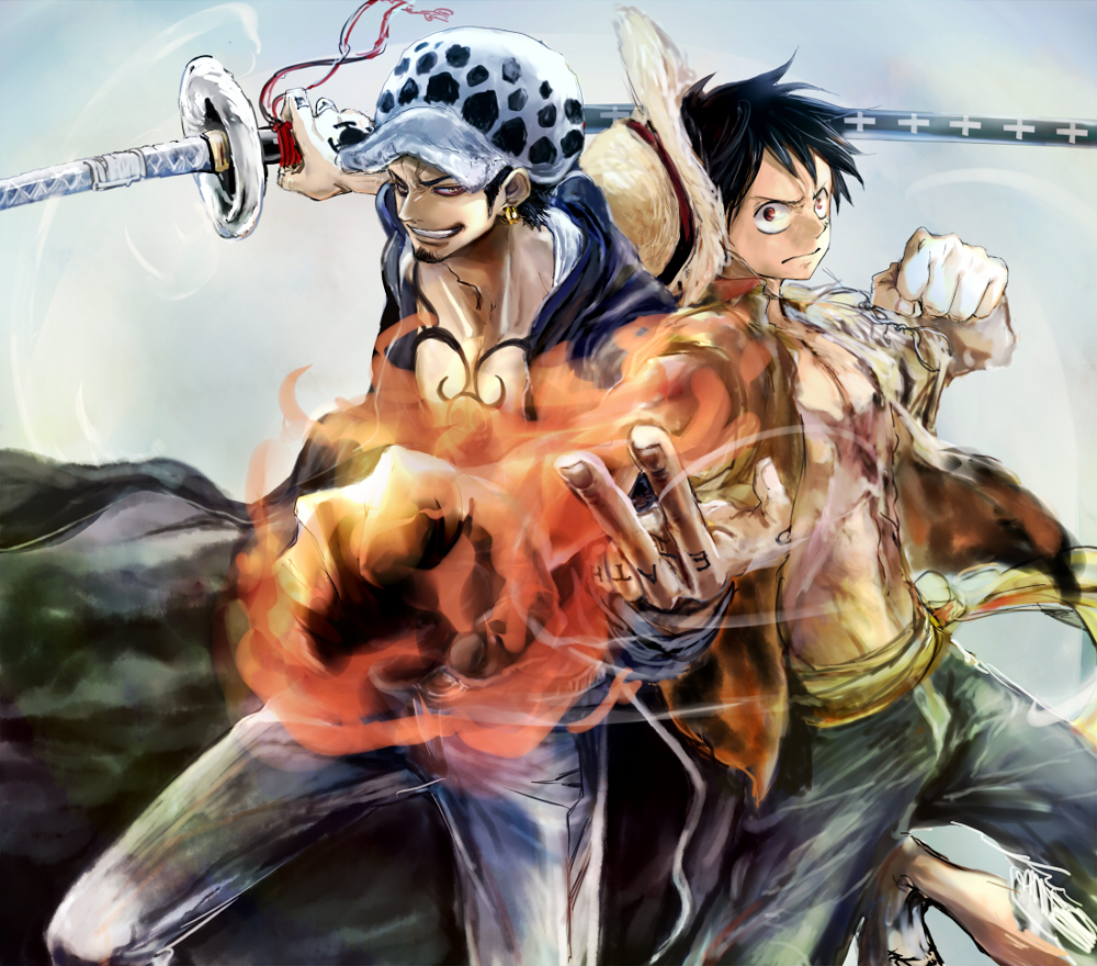 2boys black_hair clenched_hand fighting_stance hat monkey_d_luffy multiple_boys nodachi one_piece open_clothes open_shirt puchiri rubber shirt sword tattoo trafalgar_law weapon