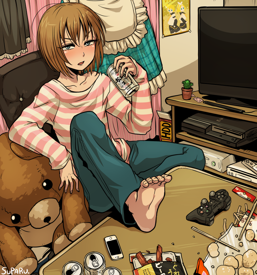 1boy 1girl apron artist_name bag barefoot blush cactus can child controller denim drinking feet food game_console game_controller indoors jeans kagamine_len kagamine_rin long_hair nintendo pants phone plant playstation playstation_3 poster potted_plant shirt sitting striped striped_shirt stuffed_animal stuffed_toy suparu_(detteiu) table teddy_bear television toes two-tone_stripes vocaloid wii xbox