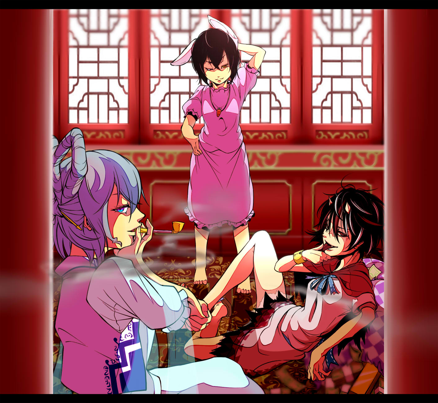 3girls animal_ears architecture bangle barefoot black_hair blue_eyes blue_hair bow bracelet carrot carrot_necklace checkered dress east_asian_architecture evil_smile hair_ornament hair_rings hair_stick hand_on_shoulder highres horns inaba_tewi jewelry kaku_seiga kijin_seija looking_at_viewer messy_hair money multicolored_hair multiple_girls pendant pink_dress rabbit_ears red_eyes redhead sack shawl shika_miso short_hair smile smoking_pipe streaked_hair tongue tongue_out touhou vest white_hair