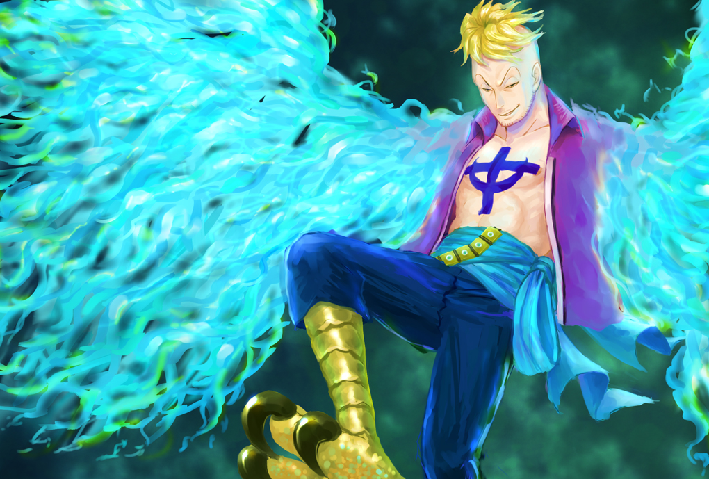 1boy blonde_hair blue_eyes blue_fire fiery_wings fire flying jolly_roger male_focus marco muscle one_piece pirate purple_shirt shirt solo talons tattoo transformation whitebeard_pirates wings zoeysue