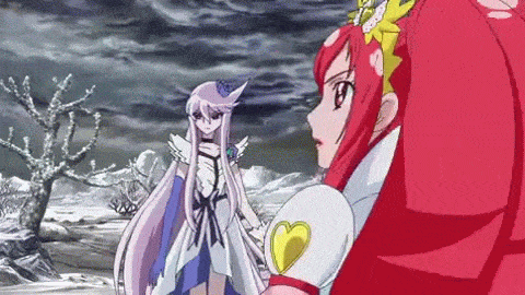 2girls animated animated_gif choker crossover cure_ace cure_moonlight dokidoki!_precure dress earrings epic eyelashes hair_ornament heartcatch_precure! jewelry lipstick long_hair lowres madoka_aguri magical_girl makeup multiple_girls ponytail precure puffy_sleeves red_eyes redhead very_long_hair