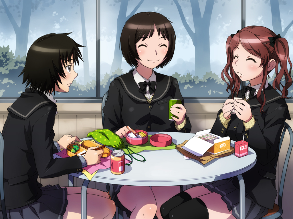 3girls amagami black_eyes black_hair black_legwear blush bow bowtie breasts brown_hair can chair chopsticks closed_eyes eating flat_chest food happy legs long_hair multiple_girls nakata_sae nanasaki_ai same school_uniform short_hair sitting skirt smile spoon table tachibana_miya thighs twintails