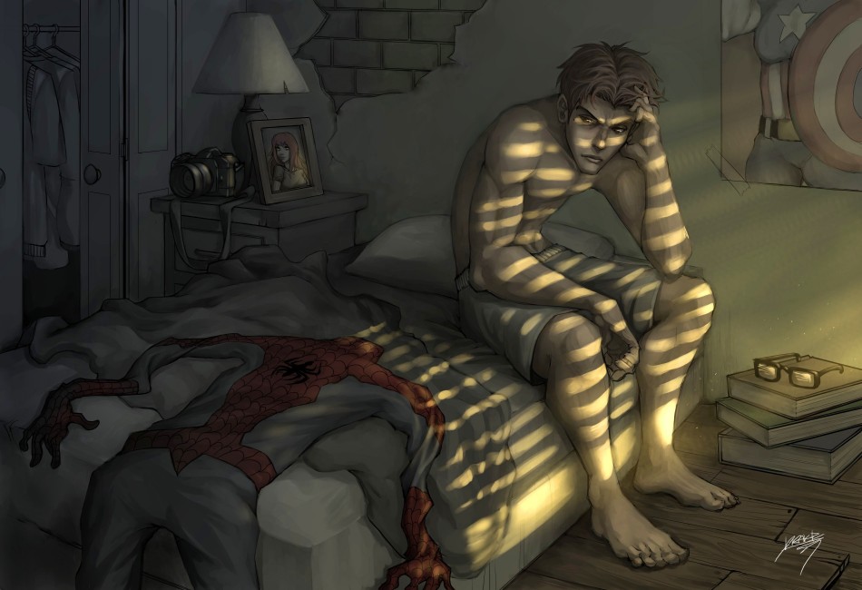 1boy barefoot bed bodysuit brick_wall brown_eyes brown_hair camera captain_america glasses kuroi-tsuki lamp leaning male_focus marvel mary_jane_watson peter_parker photo_(object) poster sitting solo spider-man spider-man_(series) topless
