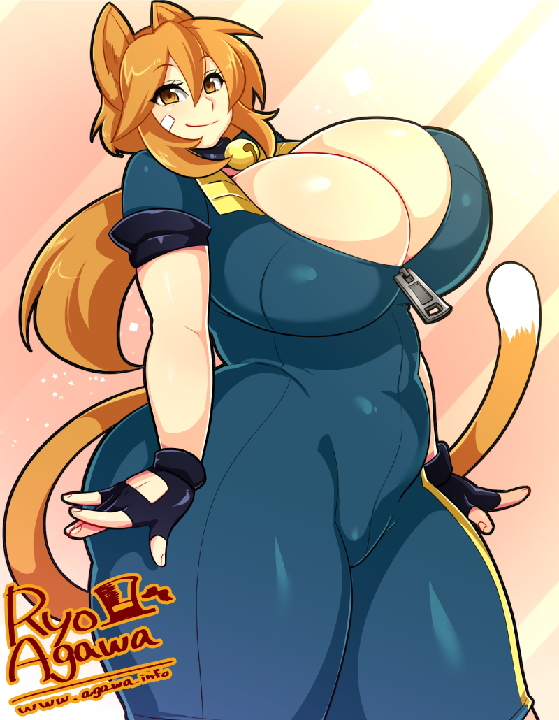 1girl agawa_ryou animal_ears bell bodysuit breasts cat_ears cat_tail cleavage female fingerless_gloves gloves huge_breasts long_hair looking_at_viewer matching_hair/eyes orange_eyes orange_hair smile solo standing tail thick_thighs thighs