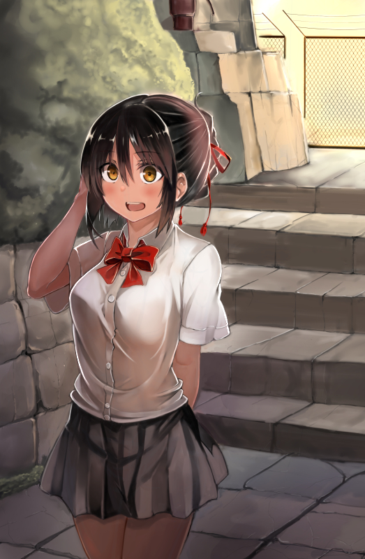 1girl arm_behind_back arm_up black_hair black_skirt blush bow braid breasts collared_shirt eyebrows_visible_through_hair fence hair_between_eyes hair_ribbon kimi_no_na_wa large_breasts miyamizu_mitsuha open_mouth outdoors red_bow red_ribbon red_string ribbon school_uniform shirt short_sleeves sidelocks skirt smile solo stairs standing string teeth white_shirt yuge_(yuge_bakuhatsu)